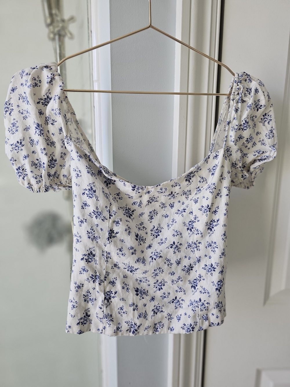 Reformation Cream Blue Floral Linen Puff-Sleeve Tieback Women's Top Size 4